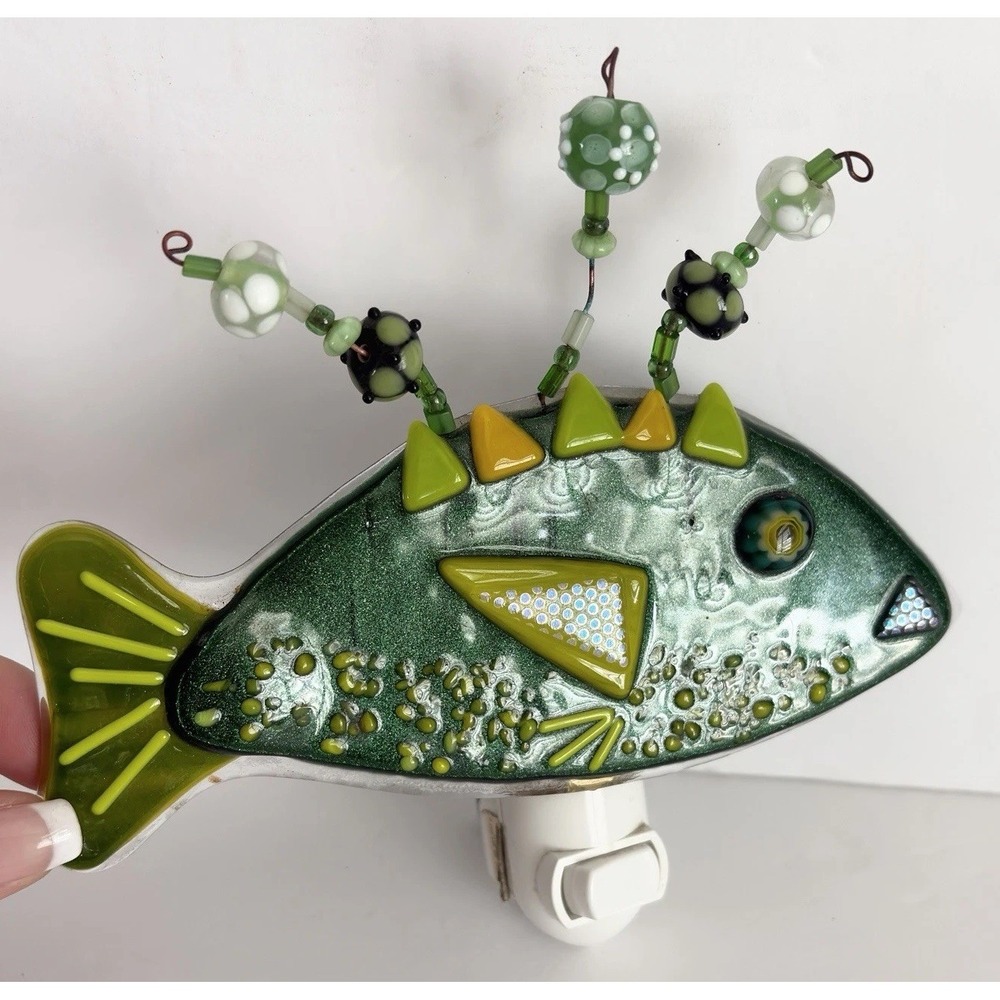 Funky Fused Glass Fish Night Light Beaded Art Lamp Whimsical Retro Decor Artsy